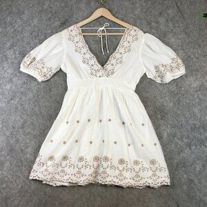 River Island London Dress 12 Cottage Boho Short Sleeve Mini Fit Flare Embroidery